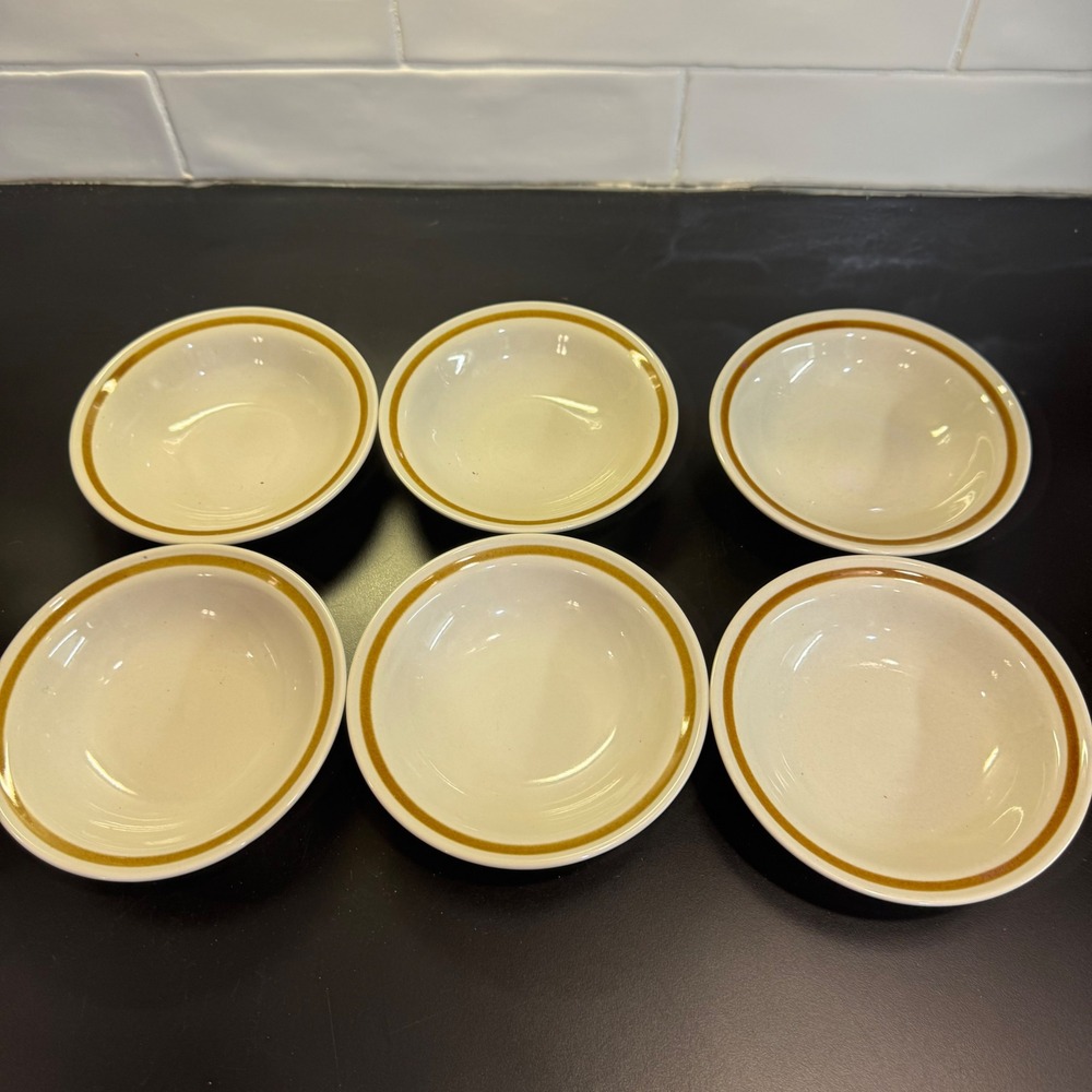 Genuine Stoneware Fruit Bowls 5.5" Cream Brown Band Set of 6 Japan Vintage